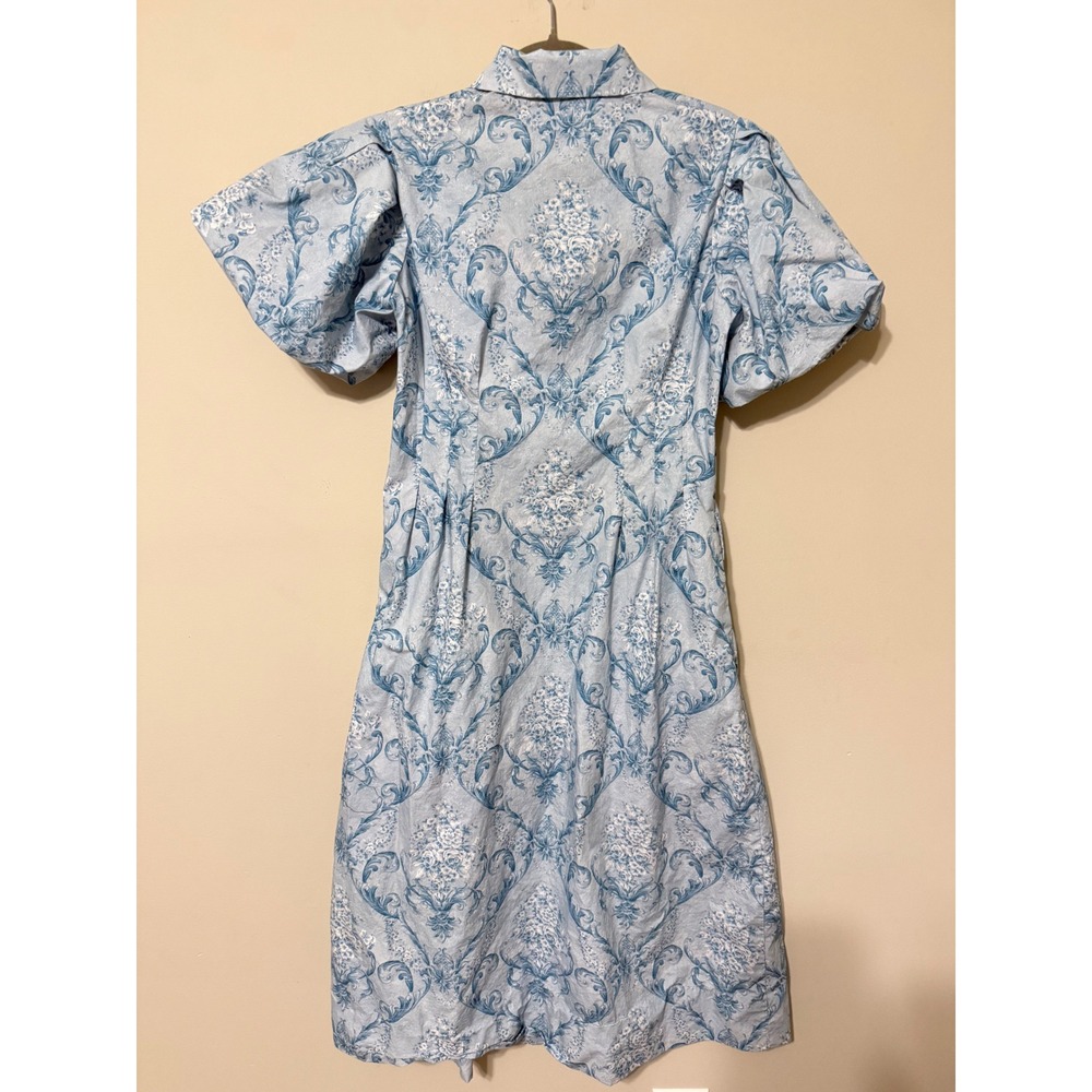 Trish Scully Lauretta Midi Dress Blue White Damask Toile Cotton Puff Sleeve S - Picture 6 of 6